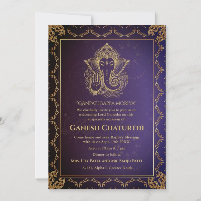 Convites Elementos para Ouro de Ganesh Chaturthi Puja Roya (Frente)