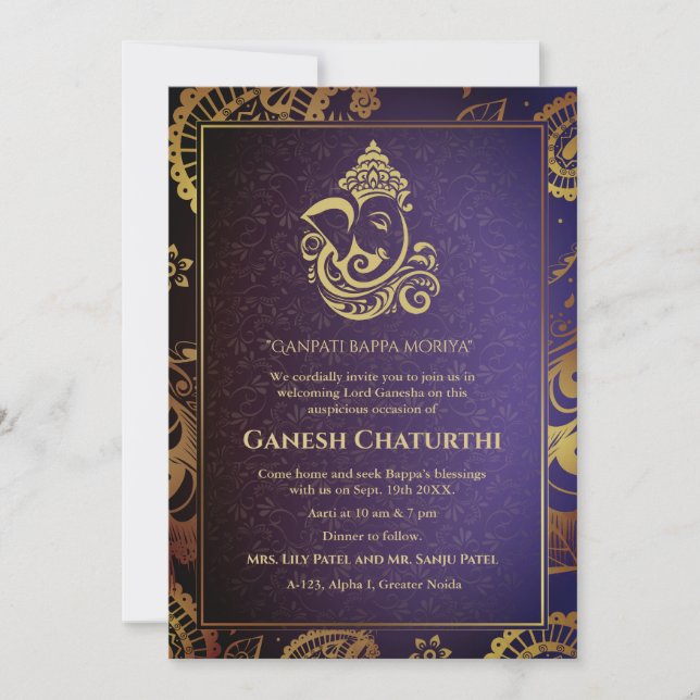 Convites Elementos para Ouro de Ganesh Chaturthi Puja Roya (Frente)