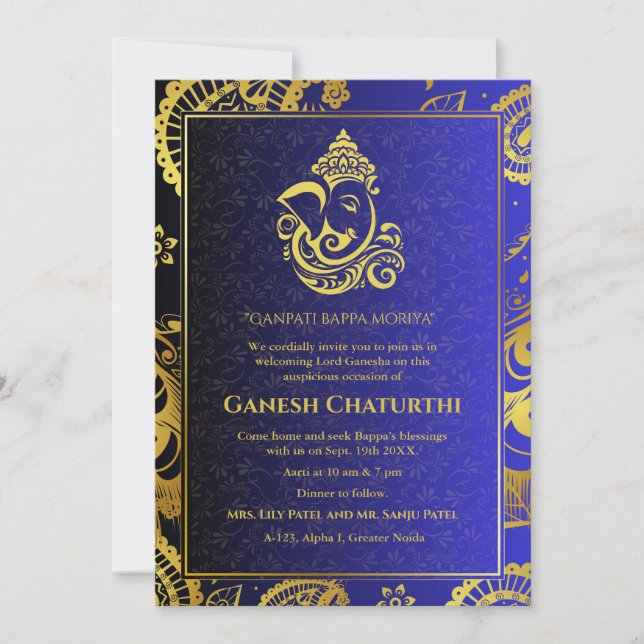 Convites Elementos para Ouro de Ganesh Chaturthi Puja Roya (Frente)