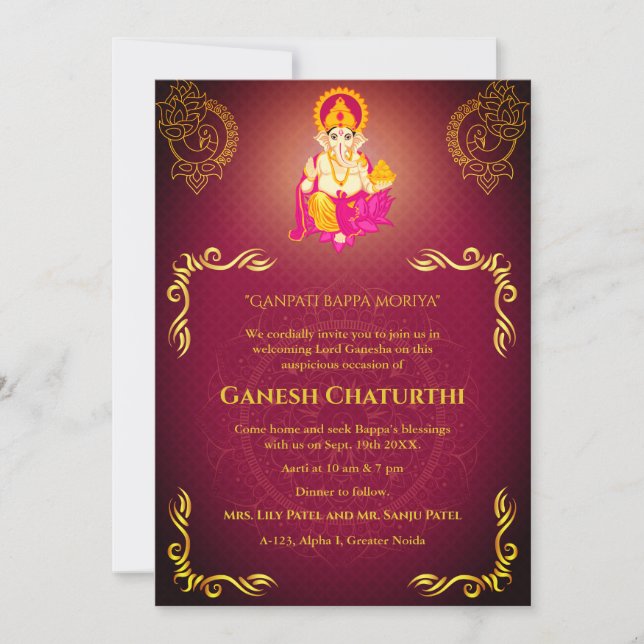 Convites Elementos para Ouro de Ganesh Chaturthi Puja Roya (Frente)