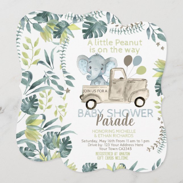 Convites Elephant Baby Shower Parade (Frente/Verso)