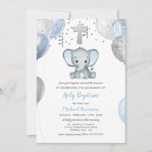 Convites Elephant Balloons Watercolor Baptism (Frente)