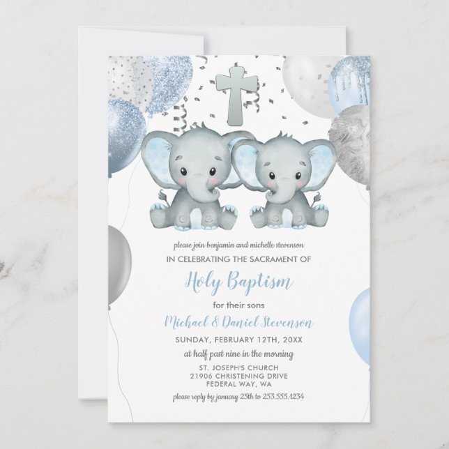 Convites Elephant Balloons Watercolor Baptism (Frente)