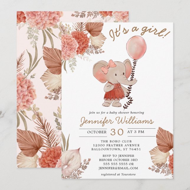 Convites Elephant Boho Floral Chá de fraldas Girl (Frente/Verso)