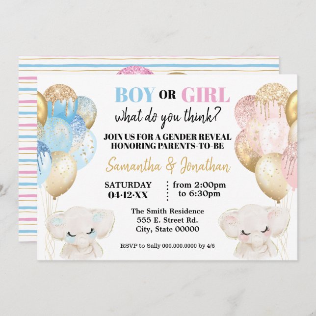 Convites Elephant Dourado brilho Balões gênero revelam (Frente/Verso)