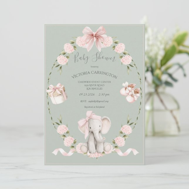 Convites Elephant Floral Hortênsias Menina Bebê Shower (Em pé/Frente)