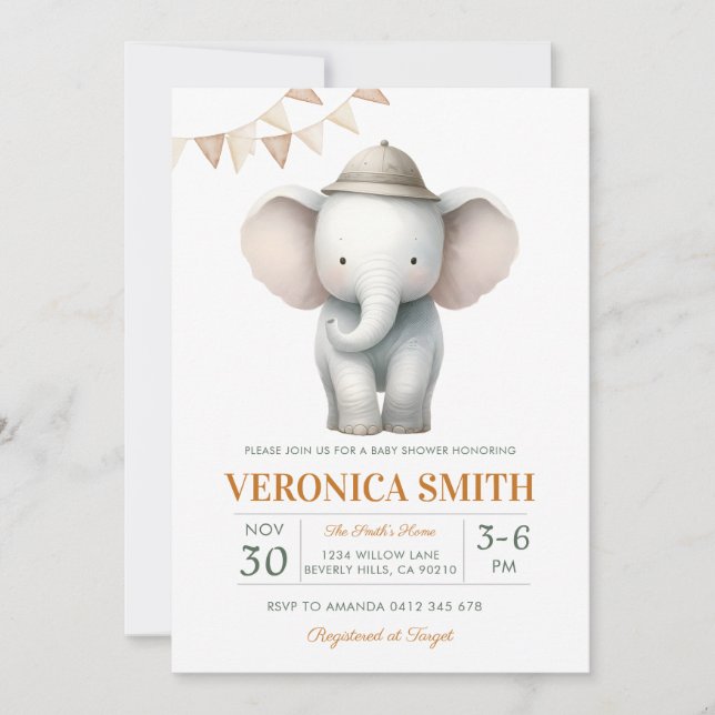 Convites Elephant Gender Neutral Baby Shower  (Frente)