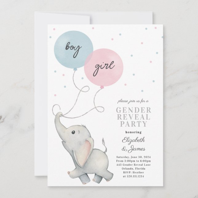 Convites Elephant Gender Reveal Baby Invation (Frente)