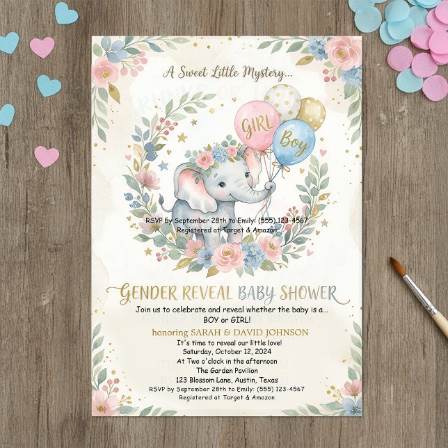 Convites Elephant Gender Reveal Invitation | Pink & Blue Fl (Criador carregado)