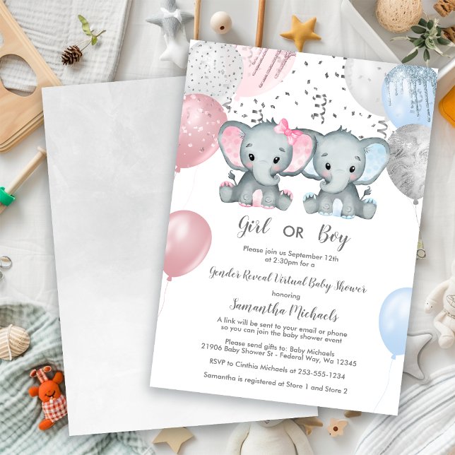 Convites Elephant Gender Revement Balloon Virtual Chá de fr (Elephant Gender Reveal Balloon Virtual Baby Shower Invitation)