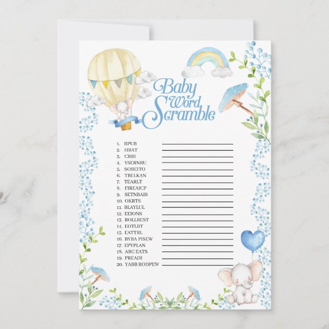 Convites Elephant Hot Air Balloon Baby Word Scramble Game (Frente)