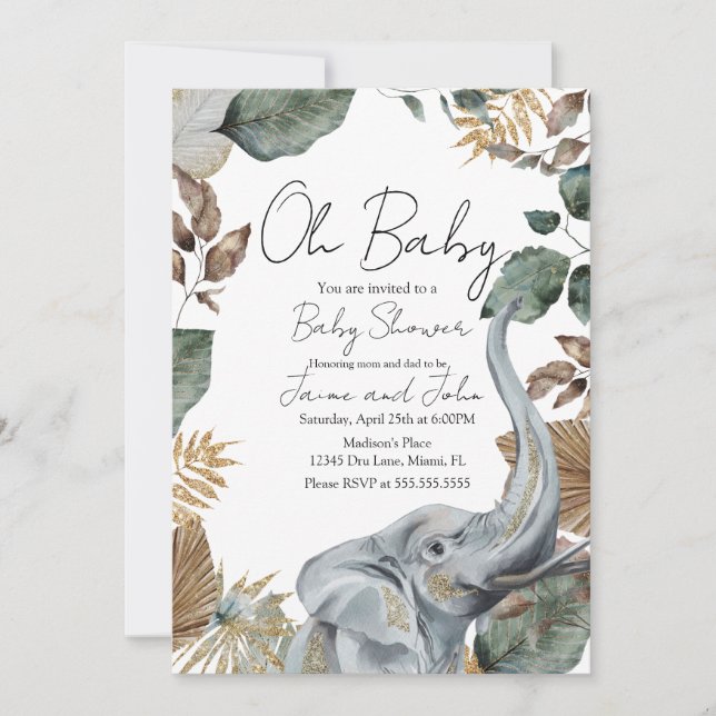 Convites Elephant Jungle Wild Details Baby Shower (Frente)