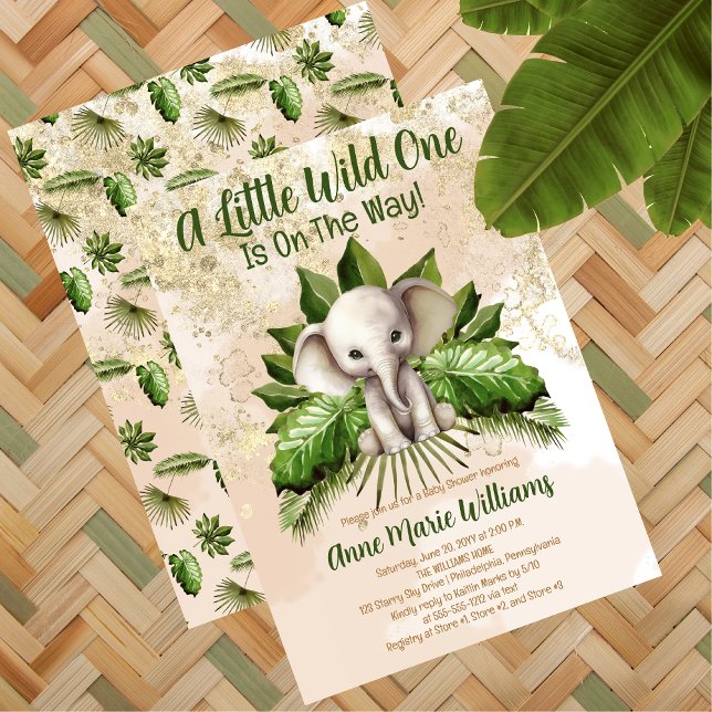 Convites Elephant Little Wild One Está A Caminho Do Chá de  (Tropical Safari Cute Elephant "A Little Wild One Is On The Way" Baby Shower Invitation )