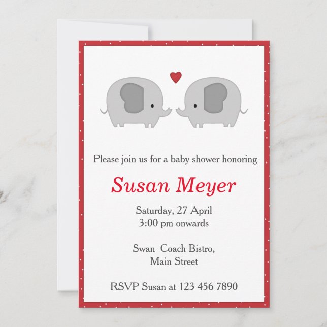 Convites Elephant Love Heart Baby Invitation Red (Frente)