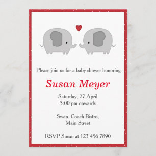 Convites Elephant Love Heart Baby Invitation Red