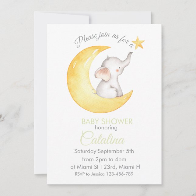 Convites Elephant on Moon Baby Shower Invitation (Frente)
