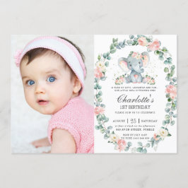 Convites Elephant Pink Floral Greenery primeiro aniversario