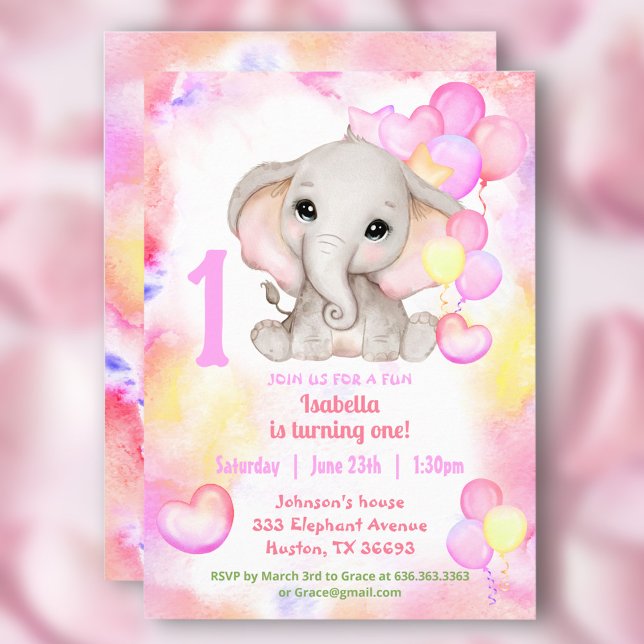 Convites Elephant Summer Colorful Girl 1º Aniversário (Cute Elephant Summer Colorful Girl 1stBirthday Invitation)