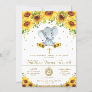 Convites Elephant Sunflower Floral Christening Boy