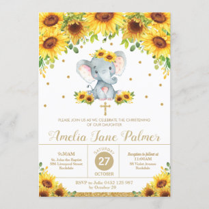 Convites Elephant Sunflower Floral Christening Girl