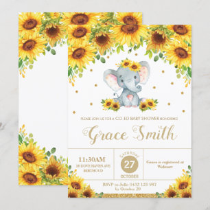 Convites Elephant Sunflower Floral Co-Ed Girl
