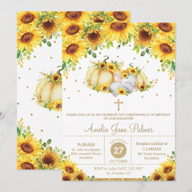 Convites Elephant Sunflower Pumpkin Christening Baptism (Frente/Verso)