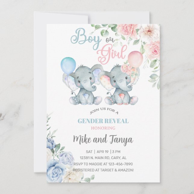 Convites Elephants gender reveal invite, pink blue flowers. (Frente)