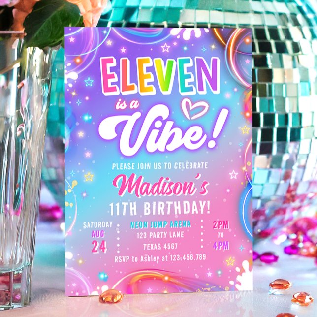 Convites Eleven is a Vibe Retro Groovy Neon Girl Birthday (Criador carregado)