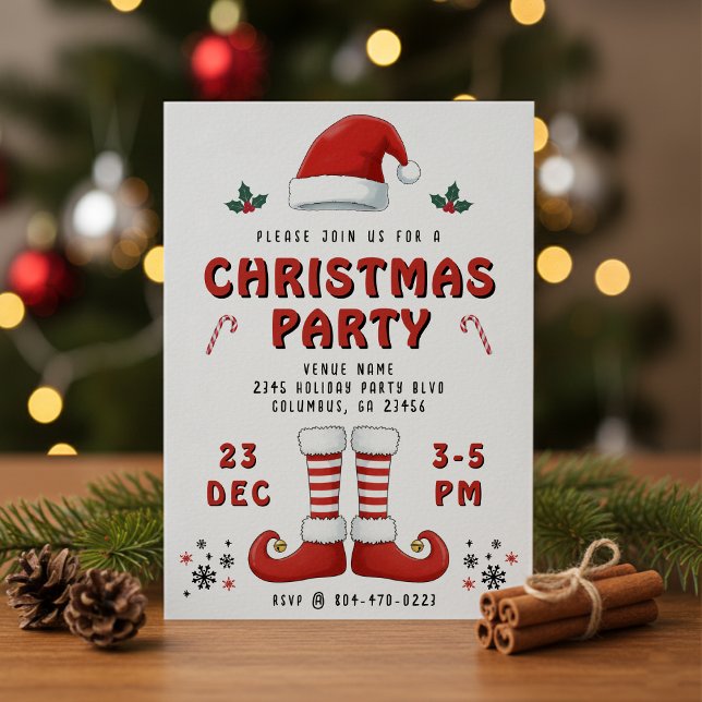 Convites Elf Boots Papai Noel Festa de Natal Branco (Elf Boots Santa Claus Hat White Christmas Party Invitation
)