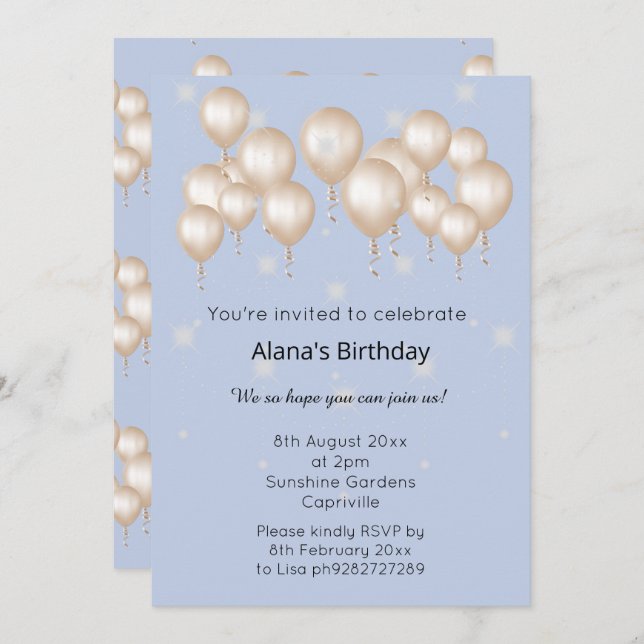 CONVITES ELGANT MODERN BALLOON LIGHT BLUE BIRTHDAY (Frente/Verso)