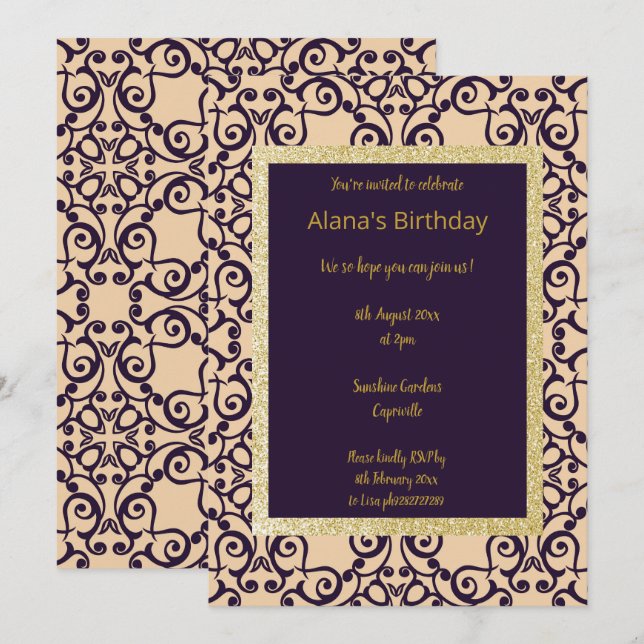 CONVITES ELGANT MODERN DAMASK MARINHO SILVER DOURADO (Frente/Verso)