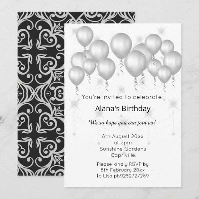 Convites ELGANT MODERN DAMASK SILVER BALLOON Sparkle (Frente/Verso)