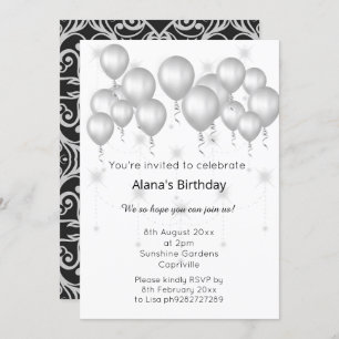 Convites ELGANT MODERN DAMASK SILVER BALLOON Sparkle