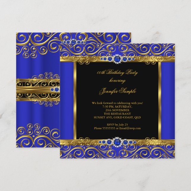 Convites Elite Azul Real Dourado Damasco Pérola Aniversário (Frente/Verso)