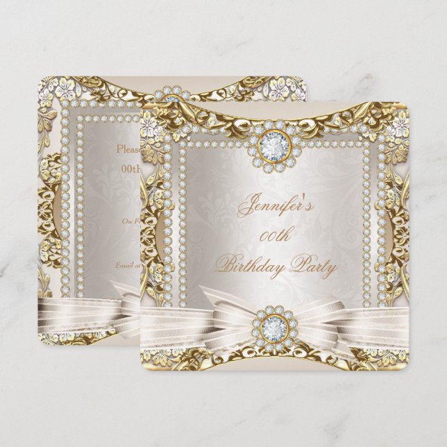 Convites Elite Creme Dourado Diamante Arco Damasko Festa de (Frente/Verso)