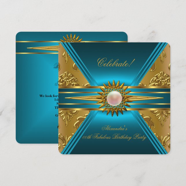 Convites Elite Damask Azul Turquesa Dourado Floral Festa 2 (Frente/Verso)