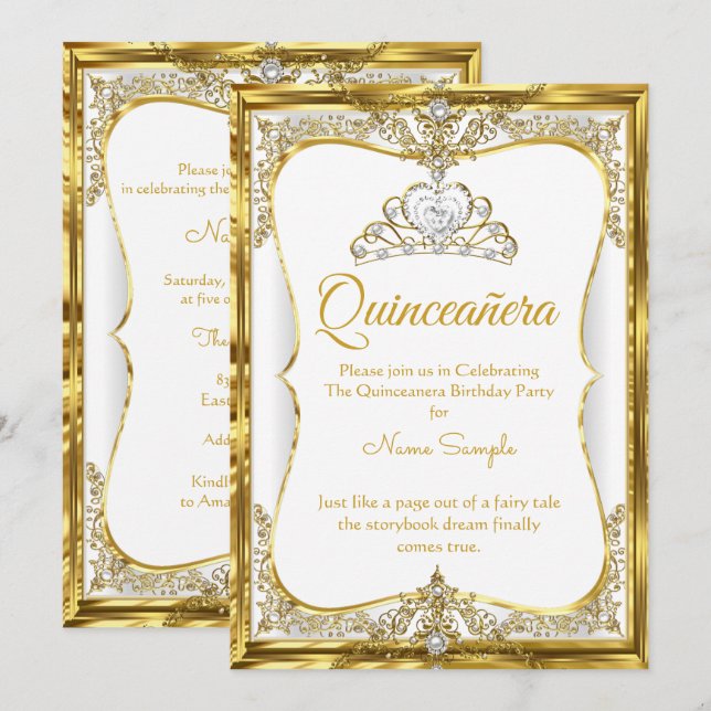 Convites Elite Dourado Pérola Branca Princesa Quinceanera (Frente/Verso)