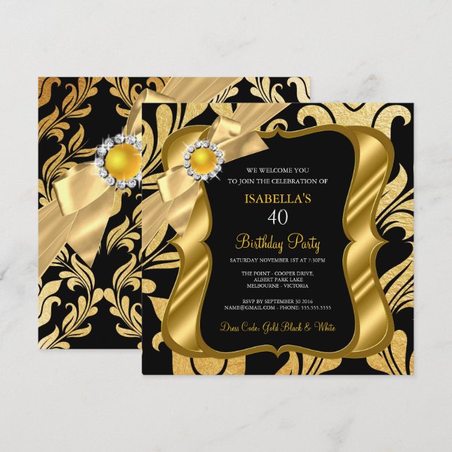 Convites Elite Pearl Arco Dourado Black Damask Aniversário (Frente/Verso)