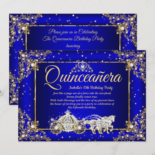 Convites Elite Princess Quinceanera Royal Blue Sparkle (Frente/Verso)