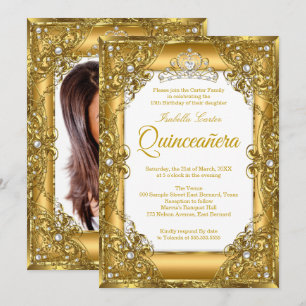 Convites Elite Quinceanera 15 Dourada Pearl Tiara Foto