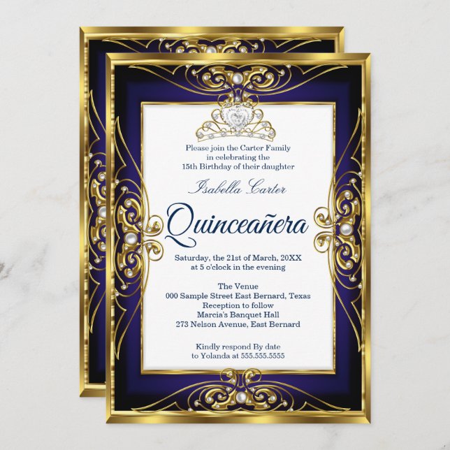 Convites Elite Quinceanera 15 Dourado Marinho Azul Tiara Fo (Frente/Verso)