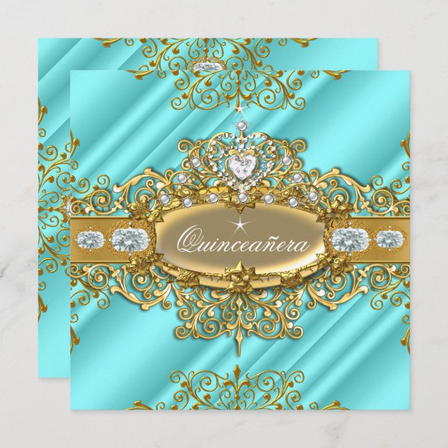 Convites Elite Quinceanera Blue Teal Silver, Dourado Partid (Frente/Verso)