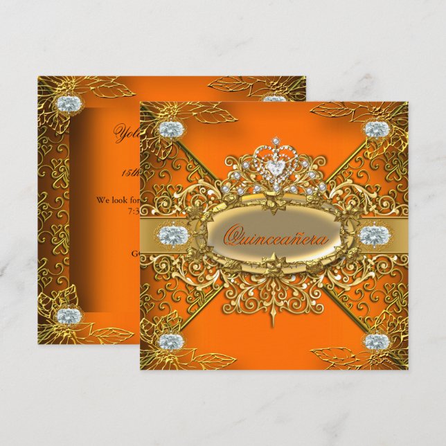 Convites Elite Quinceanera Orange Dourada Damask 15 Party (Frente/Verso)