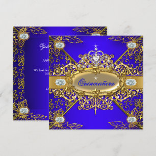 Convites Elite Quinceanera Royal Blue Damask 15 Dourada 2