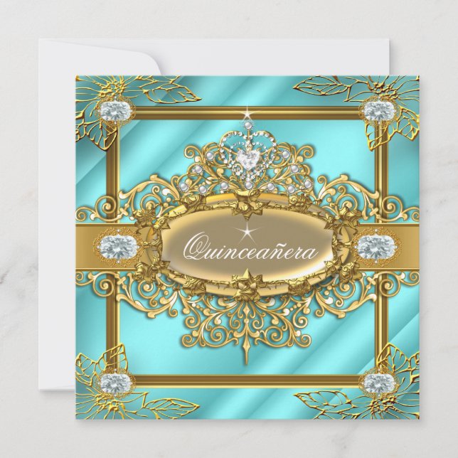 Convites Elite Quinceanera Teal Blue Damask 15 (Frente)