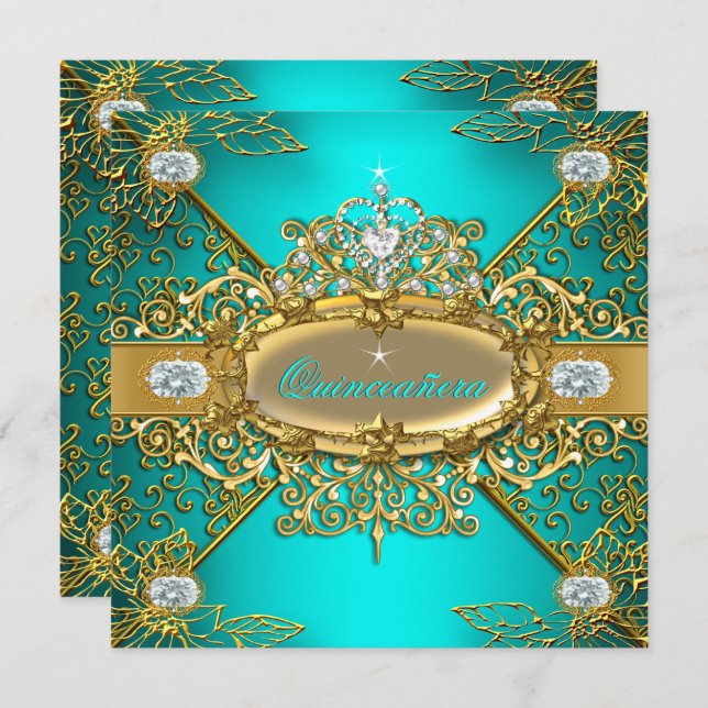 Convites Elite Quinceanera Teal Blue Dourado Damask 15 Part (Frente/Verso)