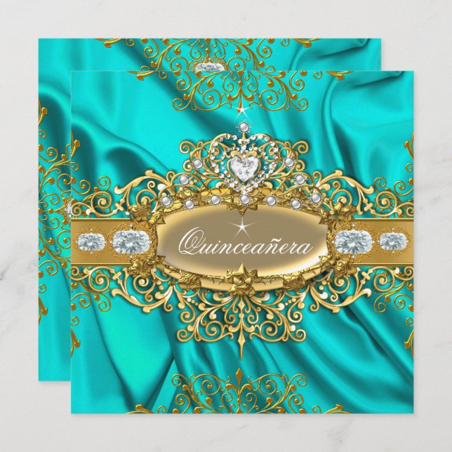 Convites Elite Quinceanera Teal Silk Silver Partido Dourado (Frente/Verso)