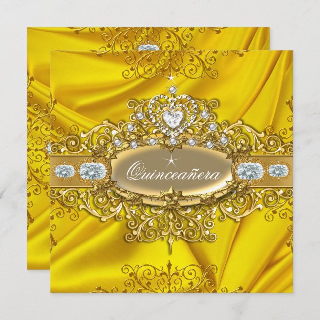 Convites Elite Quinceanera Yellow Silk Silver Party Dourada (Frente/Verso)