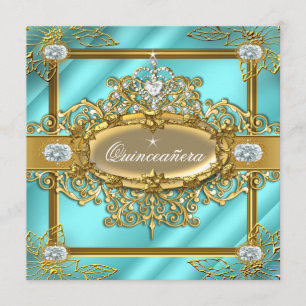 Convites Elite Quinze Anos Azul Teal Dourado Damask 15º