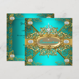 Convites Elite Quinze Anos Azul Teal Dourado Damasko Festa